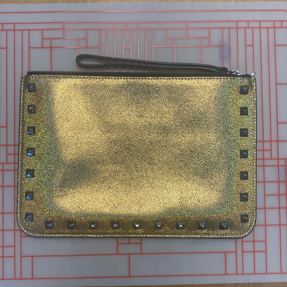 Rebecca Minkoff Glitter Kerry Clutch Gold w gunmetal studs and crossbody strap